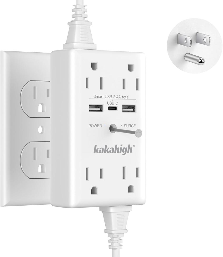 Wall Outlet Extender with Screw, 8 Way Outlets with 1680J Surge Protected, Multi Plug Wall Outlet with USB Ports, LED Indicator, 1875W Wall Mounted Surge Protectors for Dorm Room Office Kitchen (White)