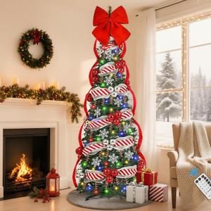 Uspring 6 FT Pop Up Christmas Tree with Lights, Artificial Collapsible Christmas Tree with Remote Control & 200 Colorful LED Lights, Pre Decorated Surround Ribbon, Ball Ornaments, Holiday Party Decor