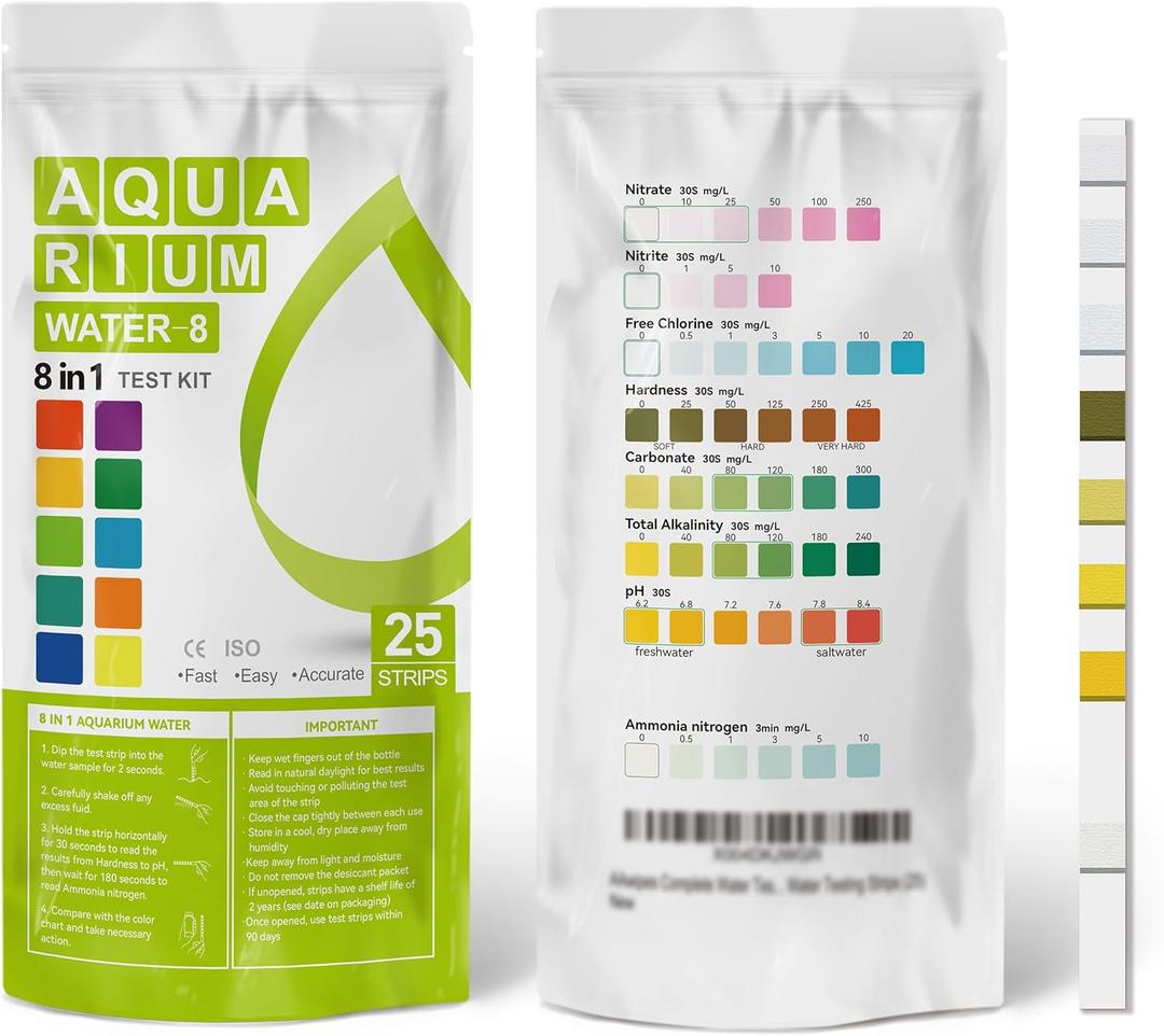 AAwipes Aquarium Ammonia Test Strips 8-in-1 |25 Strips | Quick & Accurate Water Testing Test pH, Carbonate, Alkalinity, Hardness, Chlorine, Nitrite, etc. (K02-25)