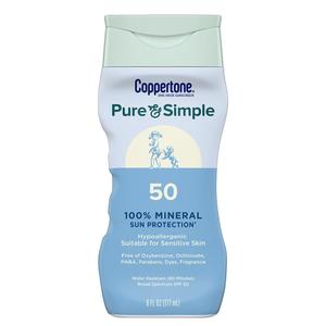 Coppertone Pure and Simple Zinc Oxide Mineral Sunscreen Lotion SPF 50, Water Resistant Sunscreen for Sensitive Skin, Hypoallergenic and Fragrance Free, 6 Fl Oz Bottle