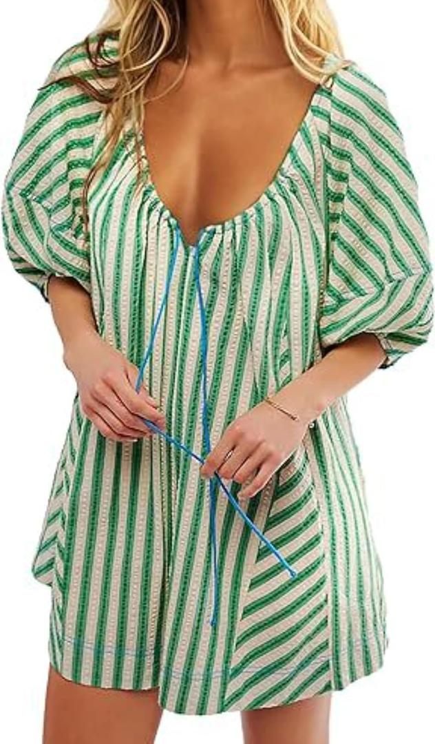 Pdxnyxx Y2k Shorts Romper Tie Front Casual Maternity V Neck Vacation Cute Puff Sleeve Summer Tshirt Rompers (Green, Small)