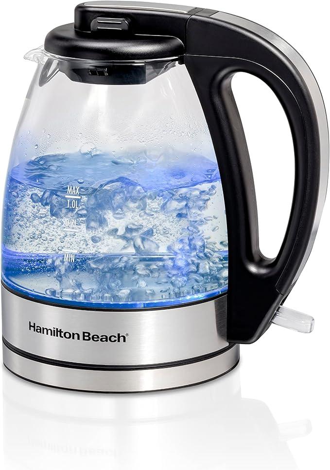Hamilton Beach Glass Electric Tea Kettle, Water Boiler & Heater, 1 Liter, 1500 Watts for Fast Boiling, BPA Free, Cordless Serving, AutoShutoff & BoilDry Protection, Soft Blue LED (40930)