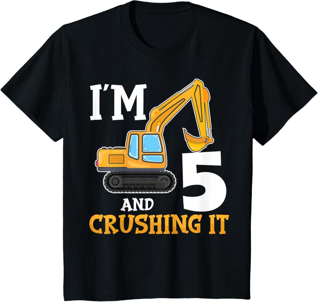 Kids Five 5yr 5th Birthday Digger Boy Construction 5 Years Old T-Shirt XS