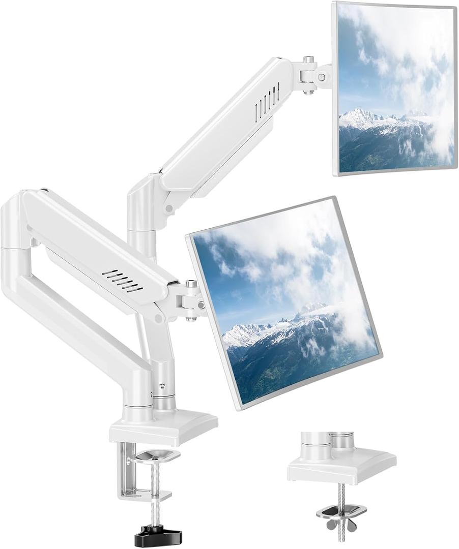Dual Monitor Mount Fits 17 to 32 Inch Computer Screen, Dual Monitor Arm Hold 4.4-19.8lbs Each, Full Motion Monitor Desk Mounts for 2 Monitors, Gas Spring Monitor Stand, VESA Mount, Freelift (White)