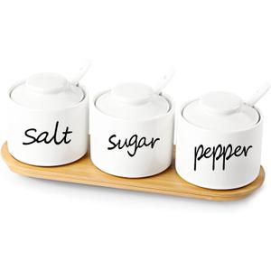 ONTUBE Farmhouse 8oz, Sugar Pepper and Salt Bowls with Lid and Spoon, Ceramics Condiment Pots,Seasoning Jar Spice Container for Kitchen,Dishwasher Safe (White)