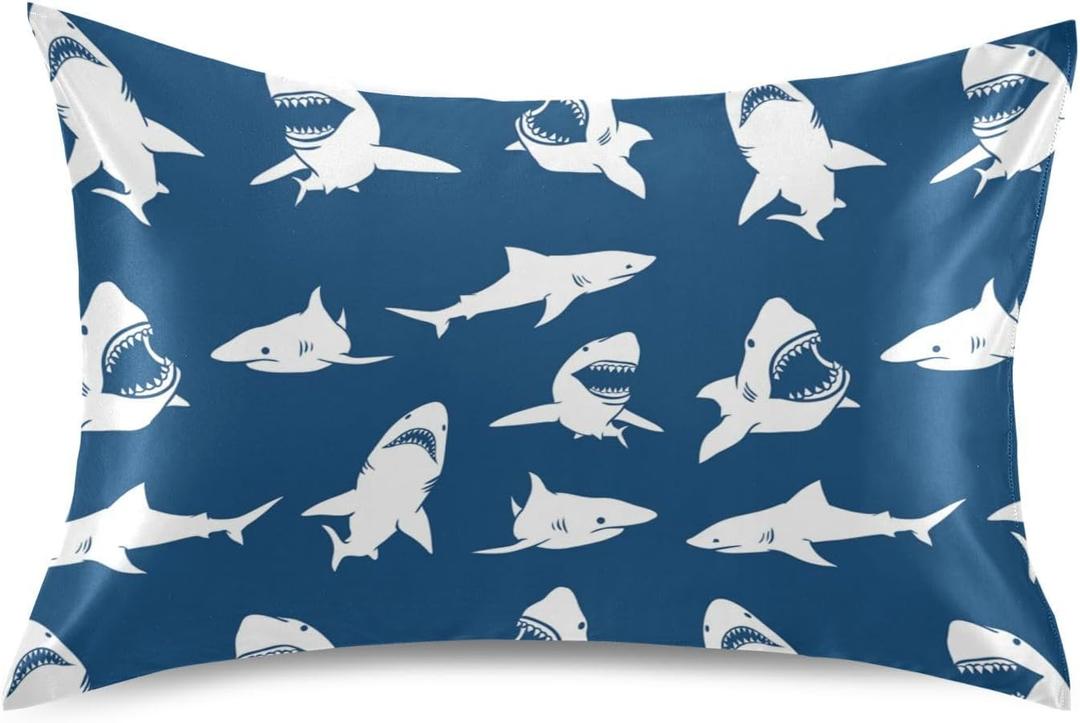 White Sharks Silhouettes Pillow Covers Silk Pillowcase for Hair and Skin Soft Smooth Breathable Cooling Satin Pillowcase Standard Size Pillow Case for Sleeping Women Boys Girls Room (20x30 Inch)