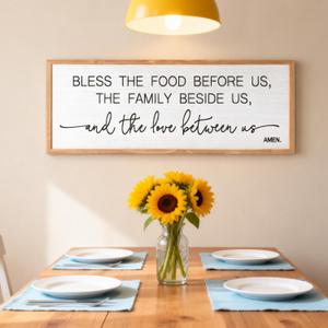 Bless the Food Before Us Wall Decor 4015 Inch, Christian Bible Verse Wall Art, Farmhouse Framed Plaque Sign for Kitchen Dining Room, The Family Beside Us The Love Between Us Religious Wall Hanging