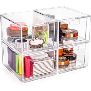 Foraineam 4 Pack Stackable Storage Containers Makeup Organizer Drawers, Acrylic Storage Bins with Pull-Out Drawers, Clear Plastic Cosmetic Display Case For Vanity, Cupboard, Pantry, Kitchen Cabinet