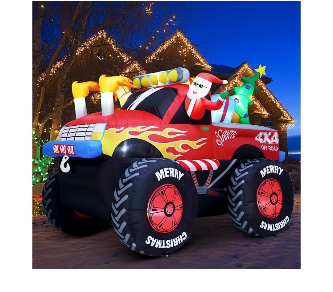 8 FT Long Santa in Monster Truck Christmas Inflatables Outdoor Decorations, Christmas Blow Up Santa Claus Yard Decorations for Garden Lawn Xmas Decor