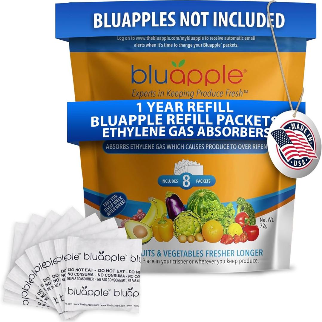 Bluapple Produce Saver Ethylene Gas Absorber - Fresh Fruit & Vegetable Storage, Food Savers for Refrigerator, 8 Packets (9g each), Each Packet Lasts 3 Months, Kitchen Must Haves, USA Made - Refill Kit