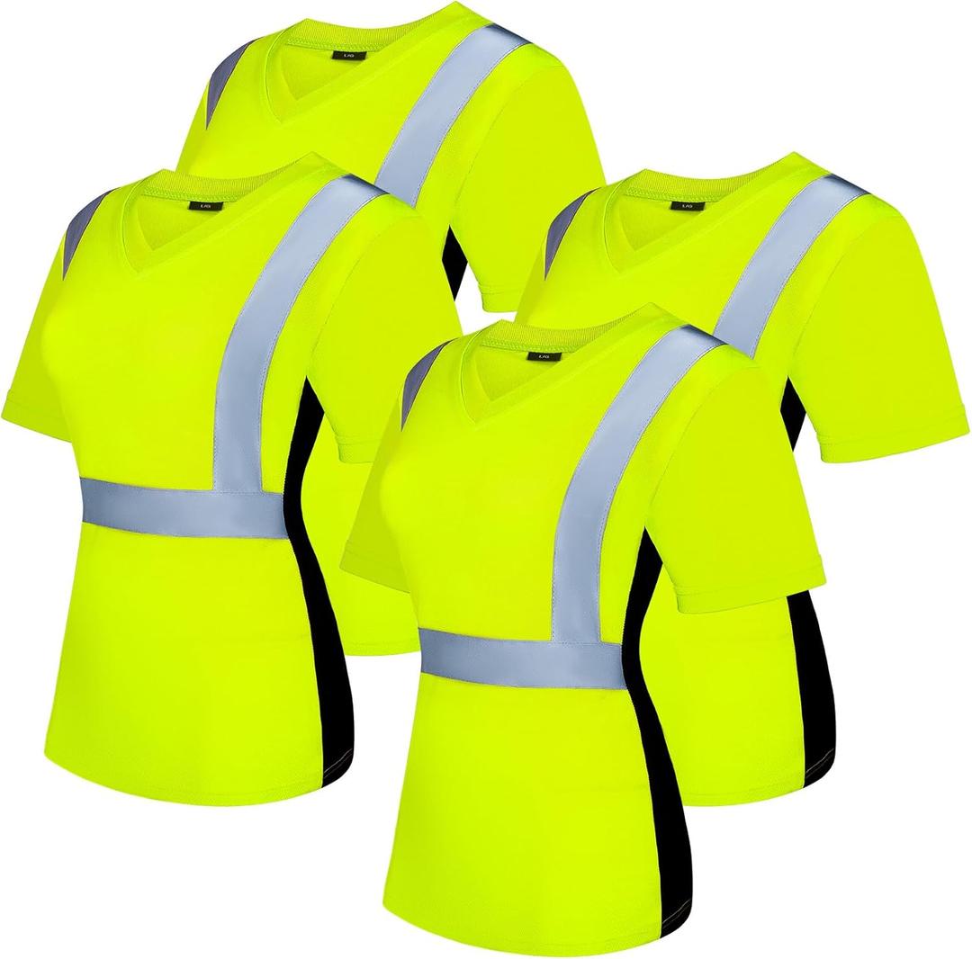 4 Pcs Women High Visibility Safety Shirts Hi Vis T-Shirt Safety Workwear Work Construction Short Sleeve (Large, Fluorescein)