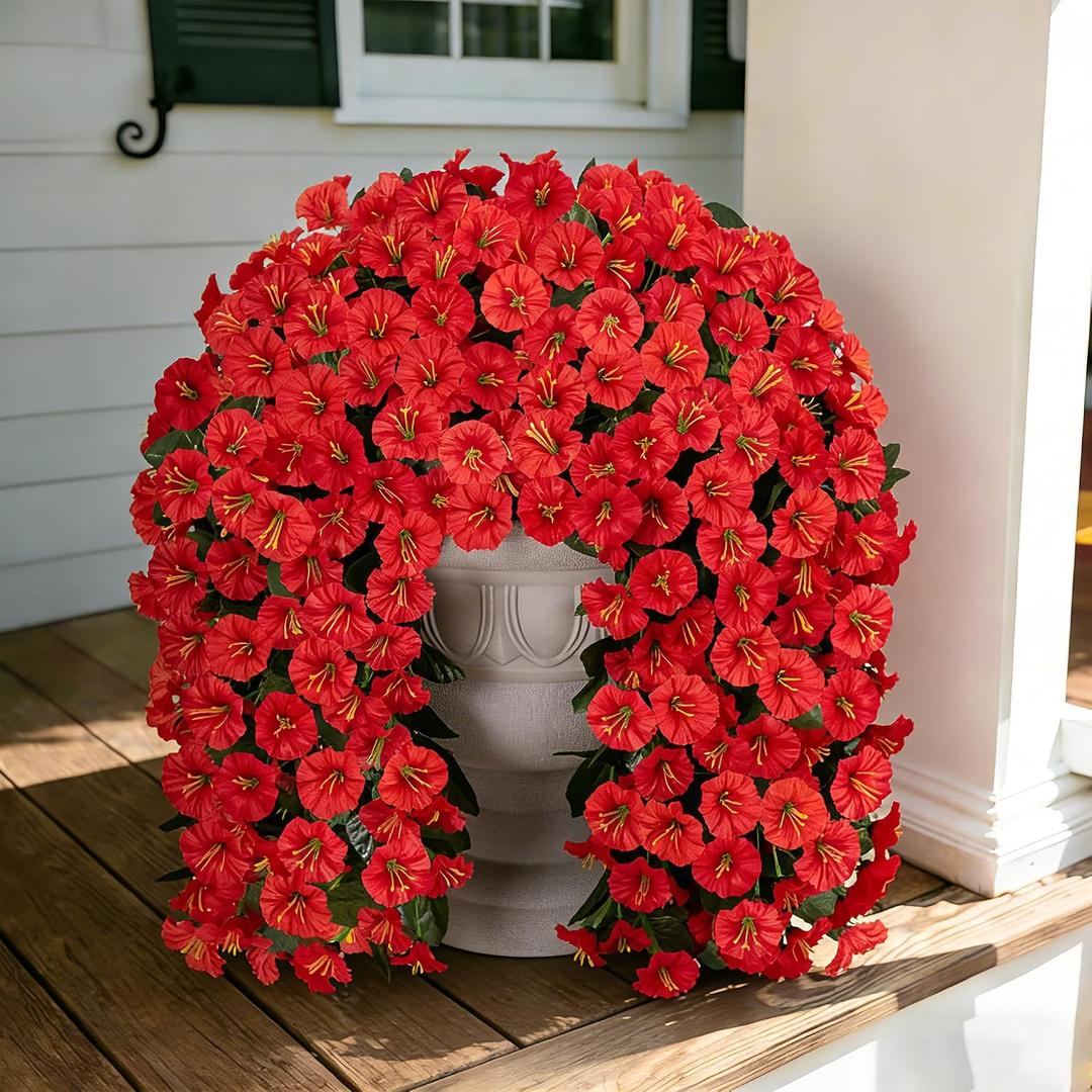 Artificial Flowers for Outdoor Decor, 2 Bundles Fake Silk Red Morning Glory Long Vines UV Resistant Realistic for Home Porch Patio Balcony Planter Decoration