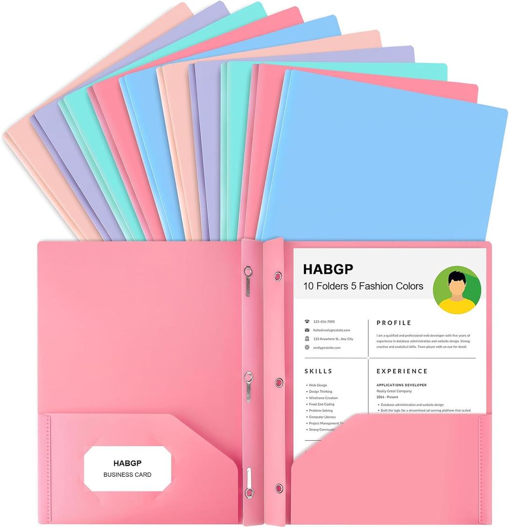 HABGP Two Pocket Folder with Prongs (10 Pack, Pastel Colors), Plastic Folders with Pockets and Business Card Holder, Folders with Pocket Fit Letter Size, Organizing Papers in School, Office & Business (2 set (10 pcs))