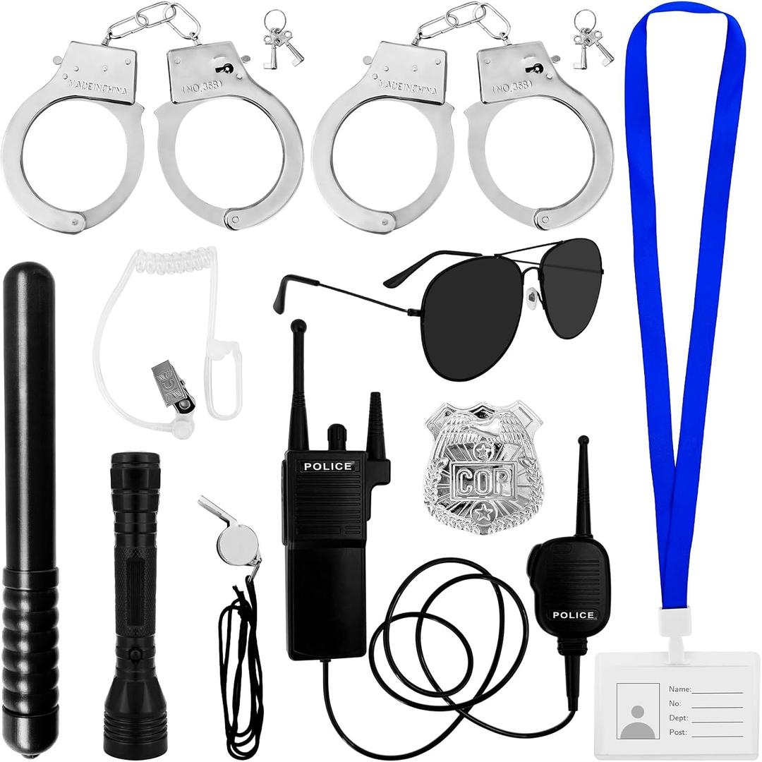10 Pcs Police Costume Accessories for Adults  Cop Cosplay Set with Flashlight, Badge, ID Card, Baton, Sunglasses & More for Halloween, Role Play, and Dress-Up Parties