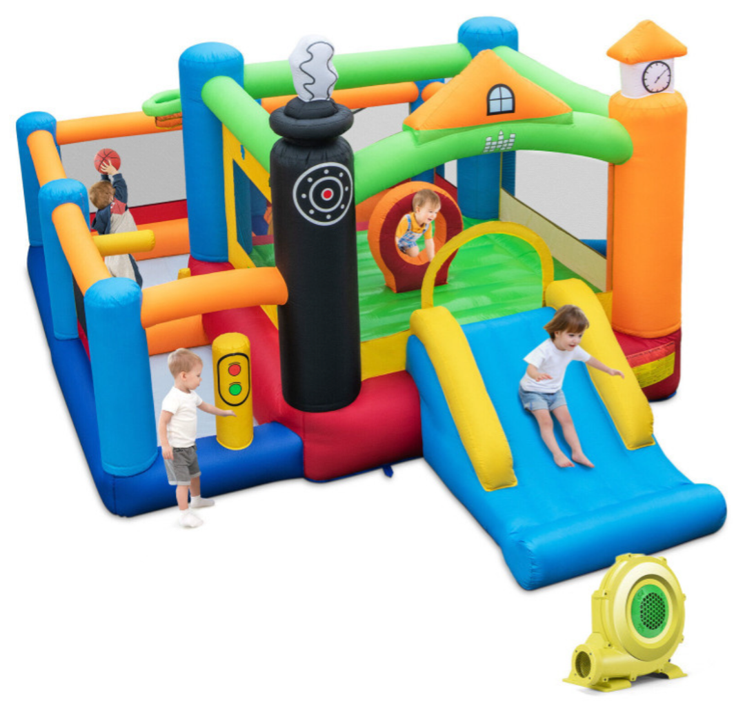 Train-Themed Kids Inflatable Bouncy Castle Slide & Basketball Hoop w/950W Blower, With Balls, Overall Dimensions: 15.5ft x 12ft x 8ft
Dimensions of Jumping Area: 82.5" x 65"