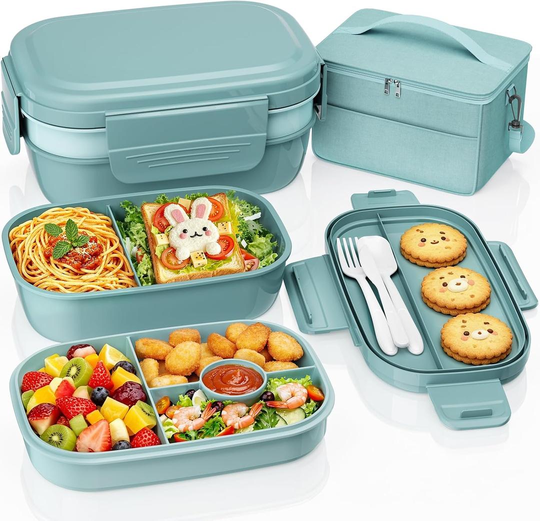 Adults Bento Lunch Box Set with Lunch Bag, 3-Tier Stackable Leak-Proof Lunch Containers, BPA-Free Bento Box with Built-in Utensils,Microwave & Dishwasher Safe for Work, School, Dining OutGreen