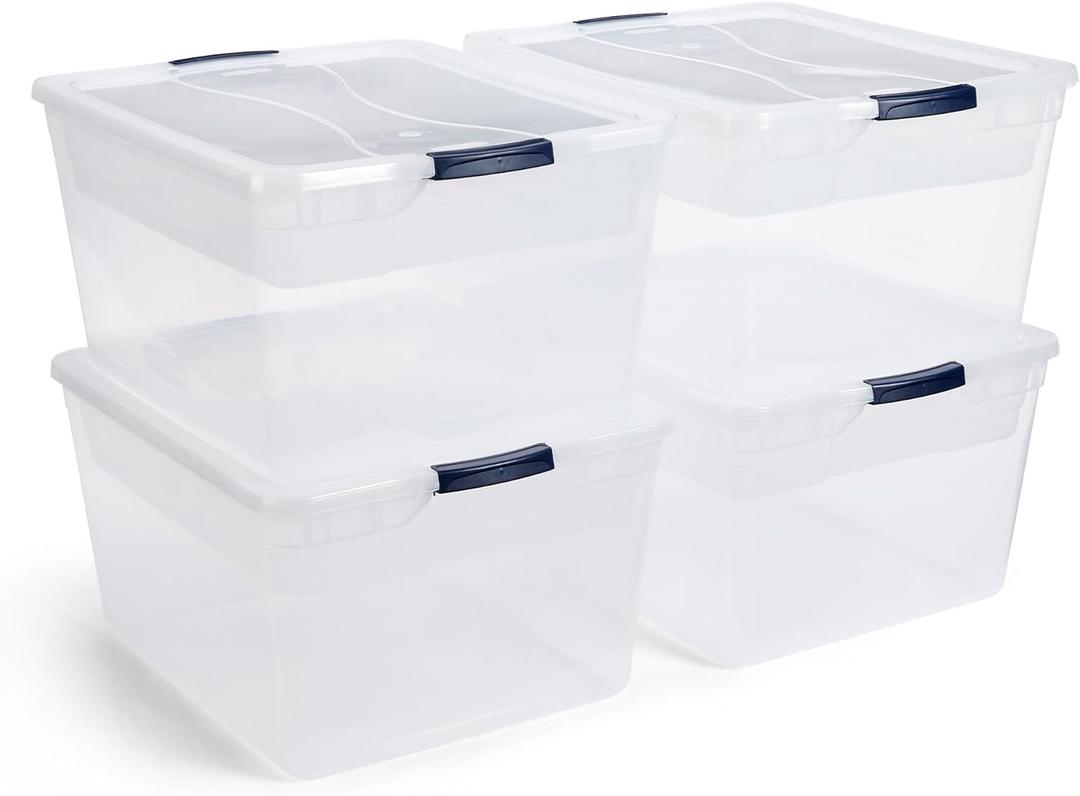 Rubbermaid Cleverstore 74 Qt Clear Storage Bins with Latching Lids and Nesting Tray, 4-Pack, Stackable, BPA-Free, Made in USA