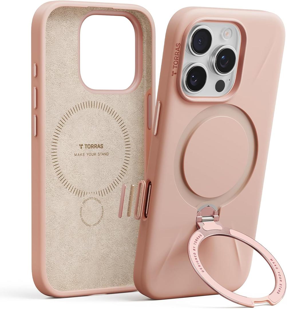 TORRAS Magnetic for iPhone 16 Pro Max Case Silicone with Stand, Fit for MagSafe, 360 Ring Stand with Camera Control, Ostand Q3 Silicone Rubber Soft Case for iPhone 16 Pro Max 6.9'', Bliss Pink