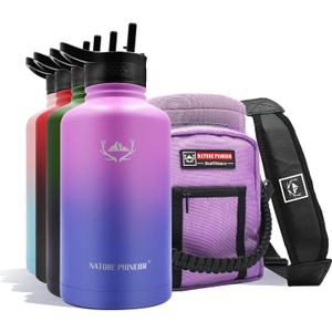 NATURE PIONEOR Insulated Water Bottles with Straw - 64oz Stainless Steel Vacuum Bottle with Holder/Carrier/Sleeve - Reusable 18/8 Food Grade Half Gallon Water Jug (Purple)