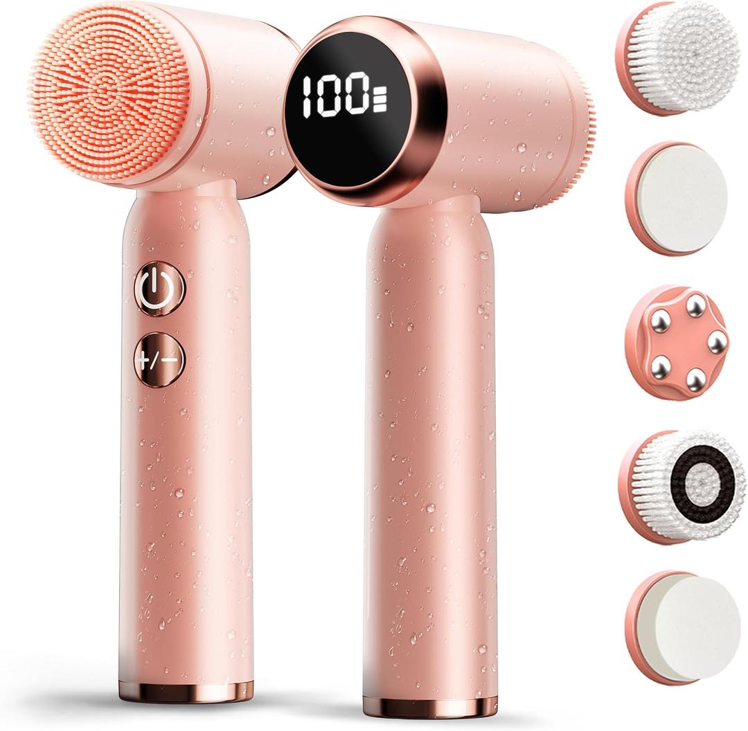 Electric Face Scrubber with Led Display & Facial Cleansing Brush - 6-in-1 Exfoliating Kit, 3 Speeds, IPX6 Waterproof Face Brush for Deep Cleaning, Massage & Gentle Exfoliation-Pink