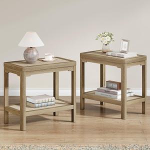 Eclatara Night Stand Set of 2, Farmhouse End Table with 2 Tier Boho Rattan Shelves, Side Tables with Round Edge Design, Ultra-Thick Legs Bedside Nightstand for Bedroom, Caramel Oak