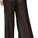 Women Sexy See Through Sheer Mesh Loose Bottoms, Swimsuit Bikini Cover Up, High Waist Wide Leg Pant, C Black, X-Large 