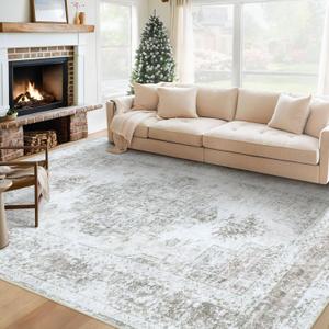 Area Rug 6x9 Living Room Rug, Machine Washable Vintage Distressed Medallion Rug Non-Slip Soft Low Pile Large Indoor Rugs for Bedroom Kitchen Dining Room Office(Taupe,6'x9')