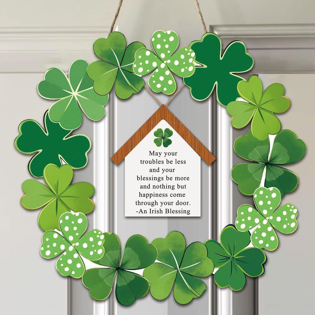St Patricks Day Shamrock Wreath for Front Door 12 Inch, Irish Blessing St Patrick's Day Door Decorations, Saint Patricks Day Lucky Door Sign Door Hanger Wall Decor, March Irish Wreaths