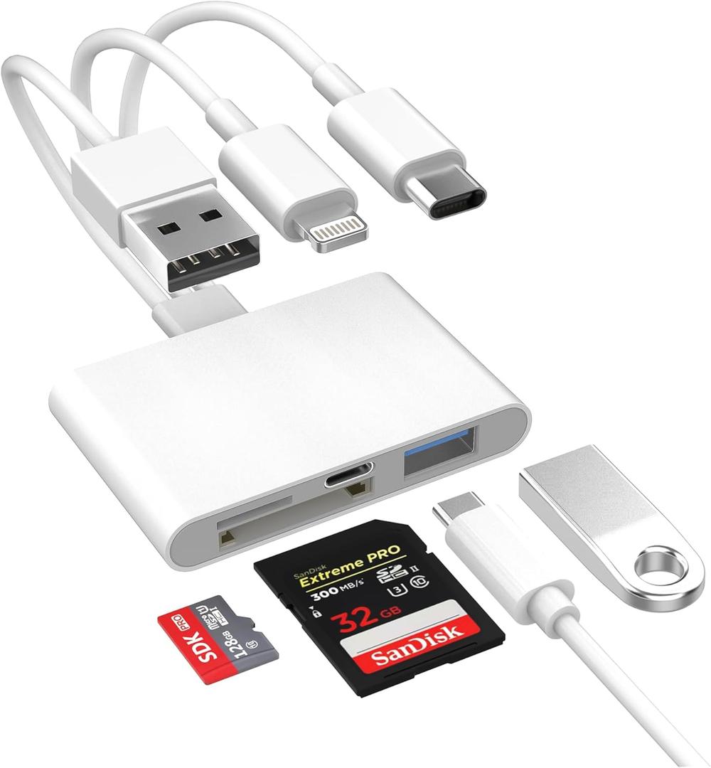 4-in-1 SD Card Reader for iPhone iPad Mac, USB-C+Lightning+USB 3.0 OTG Adapter, Fast Transfer from Camera SD/TF Card to Phone, Compatible with Flash Drive
