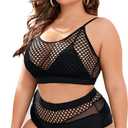 Floerns Women's Plus Size Bathing Suit Fishnet High Waist Bikini Set Rave Outfit (Black, XXXL)