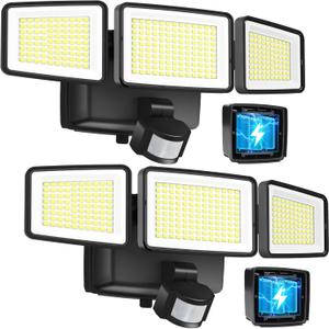 UME Battery Powered Motion Sensor Outdoor Lights 302 LED 1800LM, IP65 Waterproof Battery Operated Flood Lights Outdoor, 3 Heads Security Motion Light with 3 Modes for Garden Patio Yard, 2 Pack (Black)