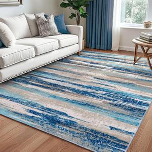Modern Abstract 5x7 Machine Washable Area Rug Non-Slip Soft Bedroom Living Romm Rug Blue Ultra Thin Print Faux Wool Floor Carpet Throw Rugs for Nursery Playroom Dining Room Indoor Office (Blue Aqua/Beige Taupe Multi)