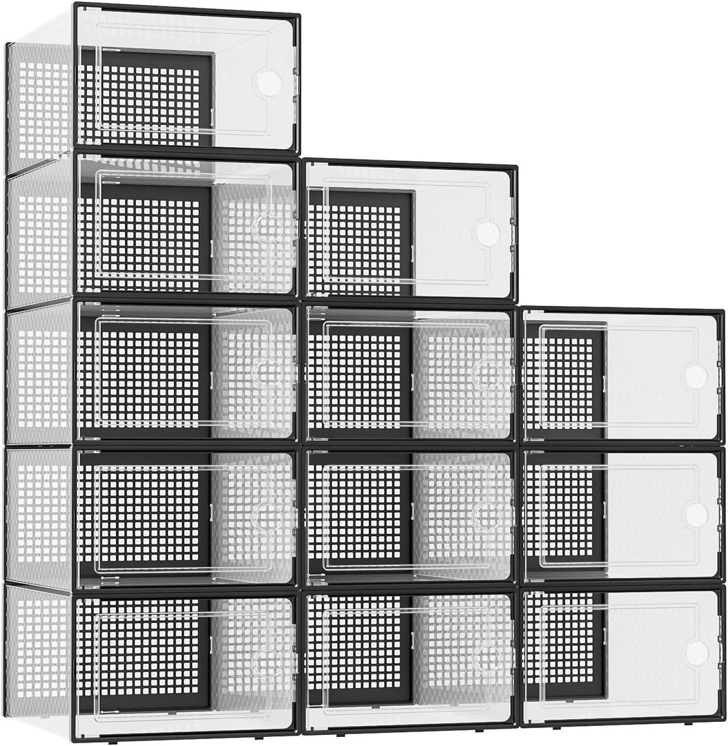 Kuject XX-Large Shoe Storage Boxes Organizers Clear Plastic Stackable 12 Pack, Shoe Rack & Holder Substitute, Sneaker Containers, Shoe Storage Organizer Bins for Closet, Under Bed, Black(No Fold Line)
