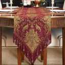 Loom and Mill Luxury Vintage Chenille Table Runner 120 Inches Long, Red Damask Jacquard Table Runners with Multi-Tassels for Dining Room Dresser Party Banquet Christmas Decor(Red,13x120 inch)