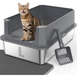 FURTIME Stainless Steel Litter Box with Lid, Large Metal Cat Litter Box for Big Cat, Large Cat Box High Sided with Non-Stick, Odor-Resistant, Anti-Urine Leakage, Easy Cleaning, Includes Scoop and Mat (Grey)