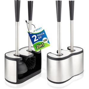 UMIEN 2 Pack Toilet Brush and Plunger Set 18-in - Updated 2025 No-Rust - Stainless Steel Design - Long Handles - with Freestanding Canister (Satin Nickel)