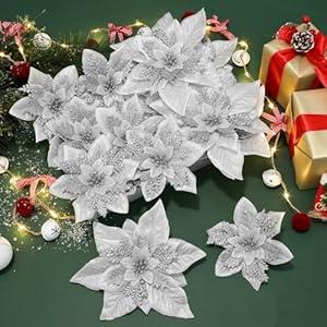 Alupssuc 24 Pcs 6"&9" Large Poinsettia Artificial Christmas Flowers Decorations for Christmas Tree, Boxed Christmas Ornaments Flowers Glitter Picks for Xmas New Year Decor with Clips&Sticks, Silver