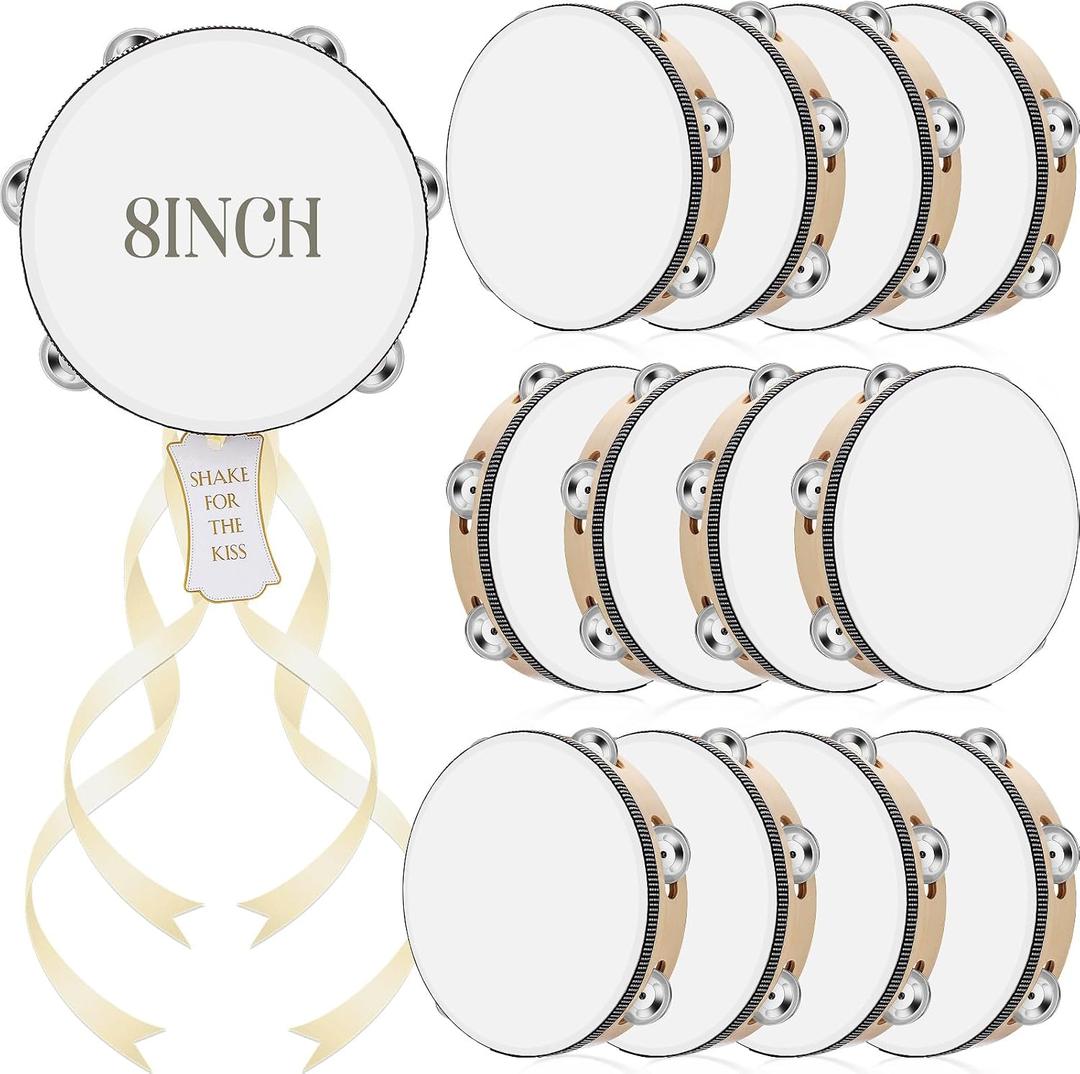 12 Set 8 Inch Tambourine for Adults Tambourines Bulk Wooden Hand Held Drum with Metal Jingles, Gift Tags, Ribbon Percussion Gift Musical Instrument for Church Wedding (Single Row)
