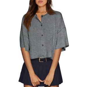 Cicy Bell Womens Half Sleeve Cardigan Sweaters Cropped Button Down Tops Oversized Lightweight Ribbed Knit Summer Outfits XL