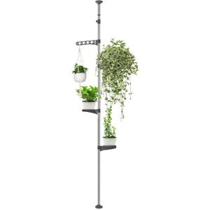 4 Tiered Tension Plant Pole: Adjustable Height 35"-72", Indoor/Outdoor Stand with 3 Trays, Hanging Hook, Ideal for Living Room, Balcony, Patio, Window Sill Decor - Grey
