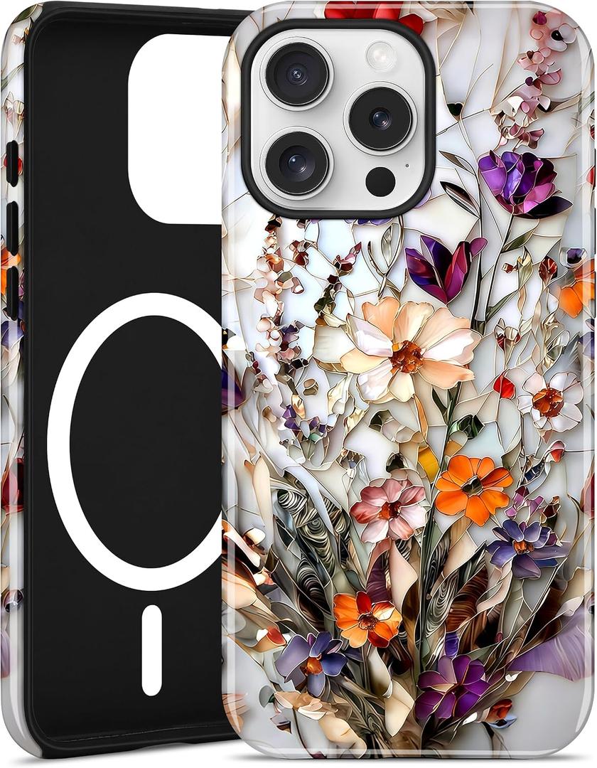 Jusy Magnetic Stained Glass Floral Case for iPhone 16 Pro, Bouquet | Compatible with MagSafe, Cute Aesthetic Flower Design, TPU and PC Protective Phone Cover