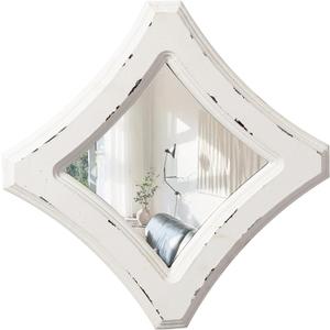 Farmhouse Small Decorative Mirrors for Wall Decor Living Room 7.9 inch, Hanging Distressed White Vintage Wood Frame Bedroom Mirror, Rustic Rhombus Wall Mounted Mirror for Home Decor (Rhombic)