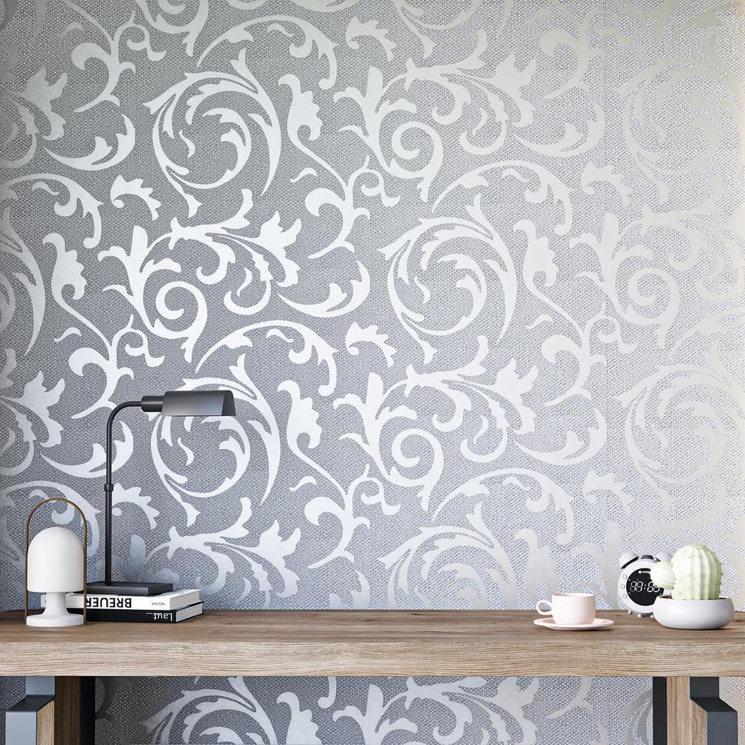mamonhome Silver Gray Self Adhesive Removable Wallpaper Peel and Stick Wallpaper for Livingroom, Bedroom, Kitchen, Bathroom. (Flower(Non-Adhesive)) 20.8 inches wide by 393 inches long