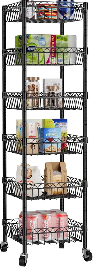 Golpart 6 Shelves Storage Shelf Wire Closet Bathroom Organizers Metal Pantry Kitchen Garage Shelving Unit Laundry Room Organization Home Rack Net Basket Black with Wheels 14" Dx14 Wx64.8 H