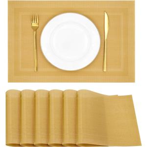 Placemats Set of 6, Heat Resistant Place Mats, Washable PVC Table Mats, Woven Vinyl Placemats, Non-Slip Stain Resistan Plastic Placemats for Table (Gold, 6)