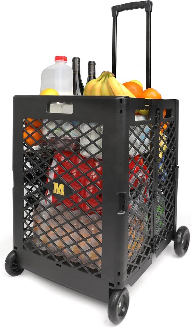 MaxWorks Foldable Rolling Utility Cart, Collapsible Hand Dolly with Telescoping Handle, 70 lbs Capacity, Lightweight Plastic Storage Crate, 16.5" x 15" x 39", No Assembly Needed
