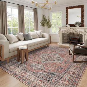 Lahome Oriental Washable Rugs 8x10, Non-Slip Soft 8x10 Rugs for Living Room Bedroom, Stain Resistant Ultra-Thin Vintage Accent Carpet for Dining Room Office, Peach/Orange (Terracotta)