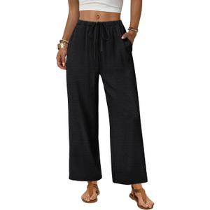 Sampeel Womens Wide Leg Linen Pants Woman Palazzo Capri Pants for Women Flowy Summer Boho Beach Vacation Outfits Cruise 2026 Fashion Clothing Business Casual Outfits Work Trousers Black M
