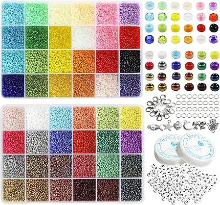 ORNSHIZI Size 2mm Seed Beads 48 Colors in Grid Storage Box Total About 36000pcs,12/0 Small Seed Beads with Rings, Claw Clasps, Elastic String and Alphabet Letter Beads for Bracelet Jewelry Making