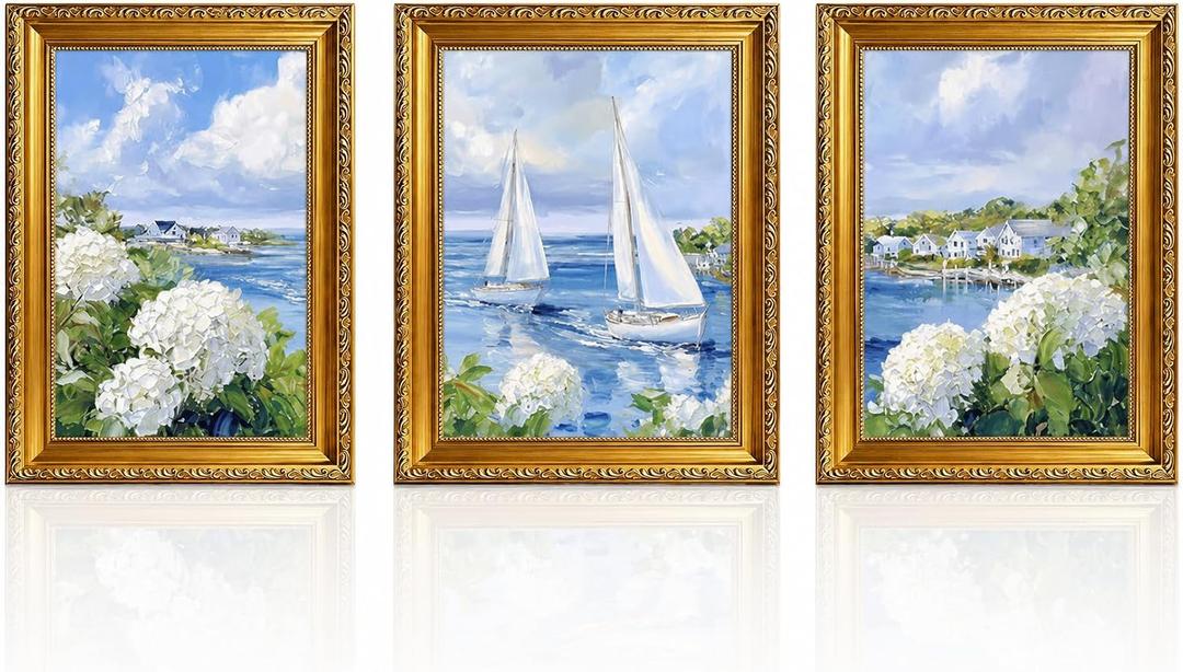 3 Piece Coastal Sailboat Wall Art, Vintage Gold Framed Decor, 16x24 inch